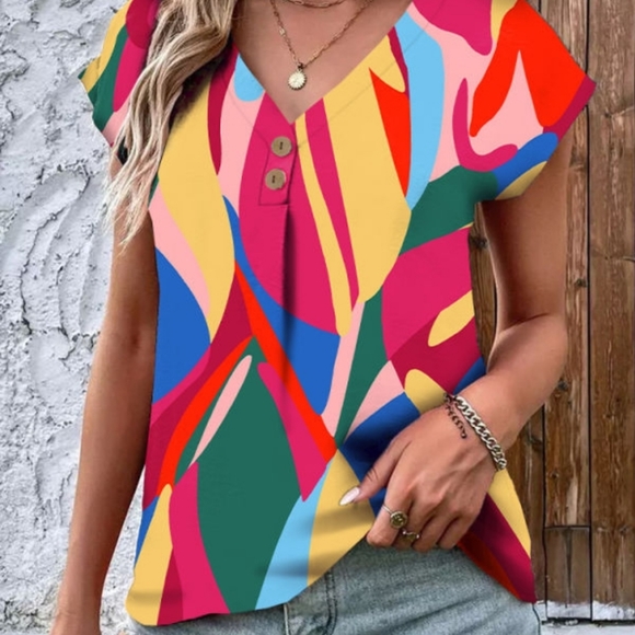 Multicolor Abstract V Neck Blouse - Picture 3 of 5